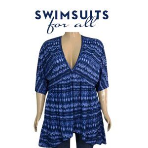 Swimsuits For All Cover-Up Tunic Shirt Blue Ikat Stripe Tie V-neck Caftan